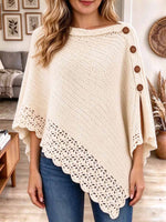 Off-White Asymmetrical Knit Poncho with Wood Buttons and Scalloped Lace