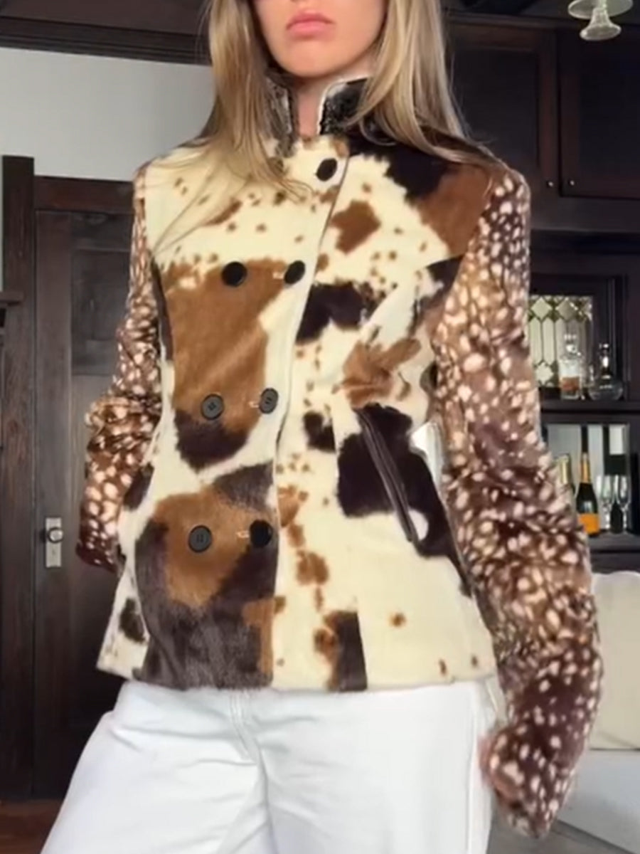 Chic Faux Fur Patchwork Jacket With Cow And Deer Prints