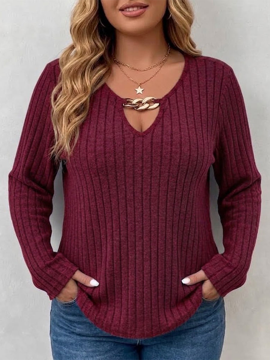 Long-sleeve V-neck Top With Vertical Ribbing And Metal Chain Detail