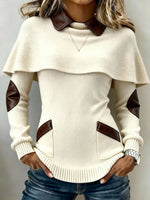 Cozy Contrast PU Leather Trim Knit Pullover Sweater