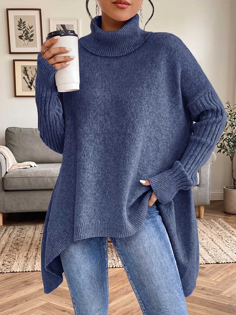 Women's Solid Color Stand Collar Long-sleeve Casual Loose Knit Top