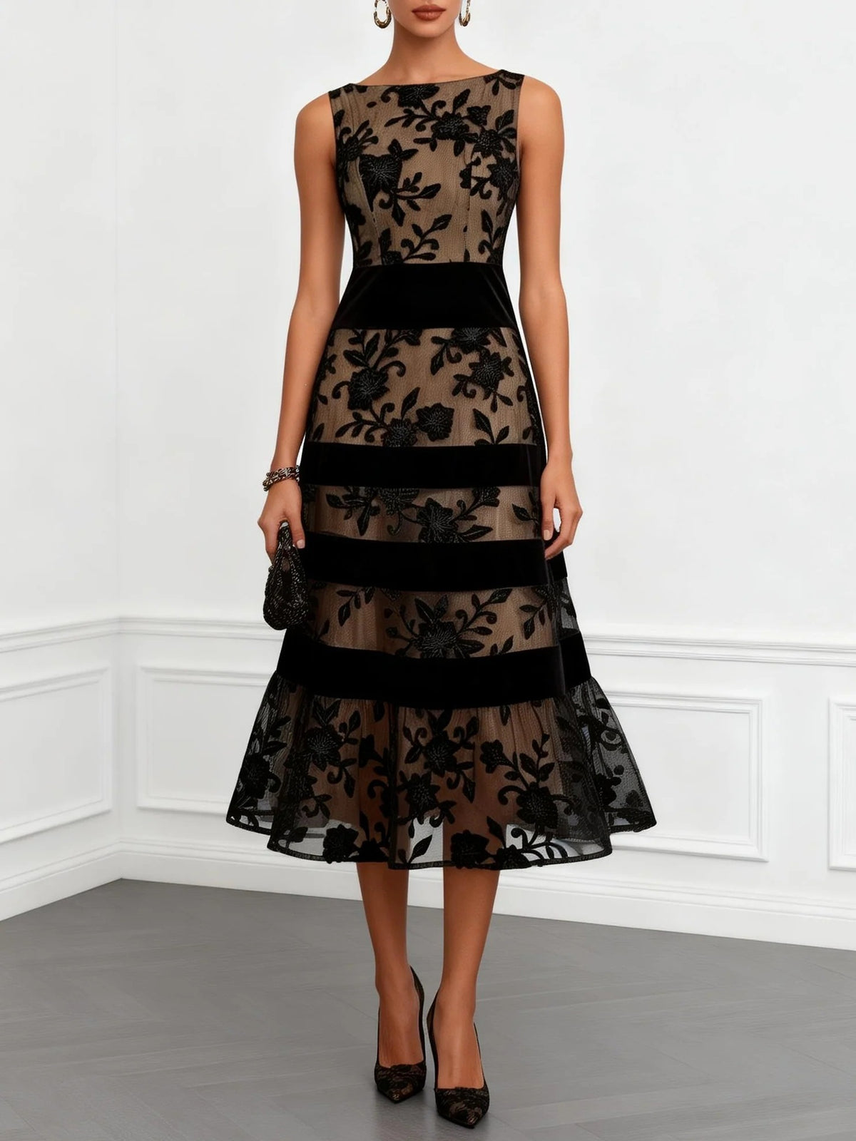 Elegant Floral Lace And Velvet-striped Midi Dress