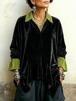 Color-block Velvet Shirt With An Asymmetrical Hem