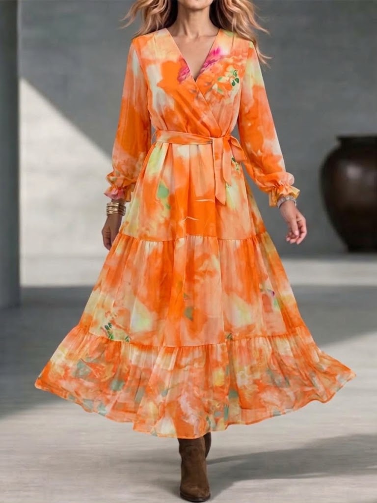 V-neck Wrap-style Watercolor-print Maxi Dress With Ruffled Long Sleeves And A Voluminous Skirt