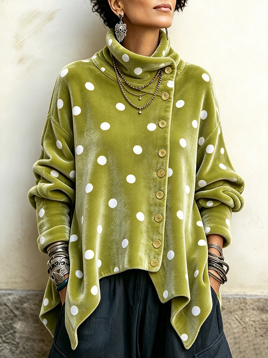 Chic Asymmetrical Buttons Polka Dot Velvet Top