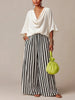 Cowl Neck Loose 3/4 Sleeve Top & Black White Vertical Stripe High Waist Wide Leg Pants Two Piece Set