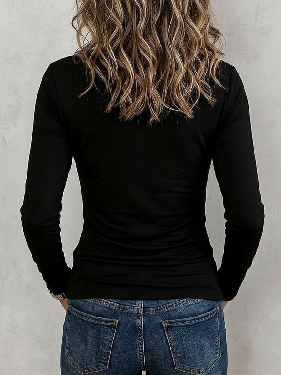 Women's Elegant Draped Neck Long Sleeve Top with Rhinestone Inset