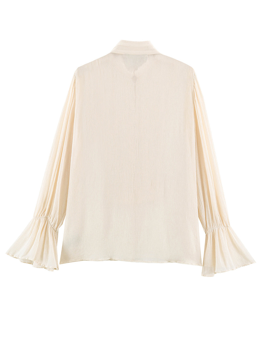 Vintage Military-Inspired Pleated Chiffon Blouse
