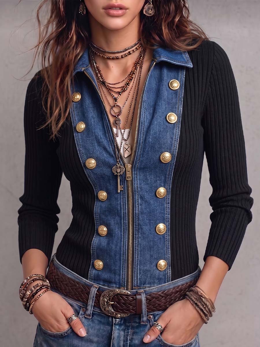 Women's Denim Collared Long-sleeved Casual Loose Knitted Cardigan