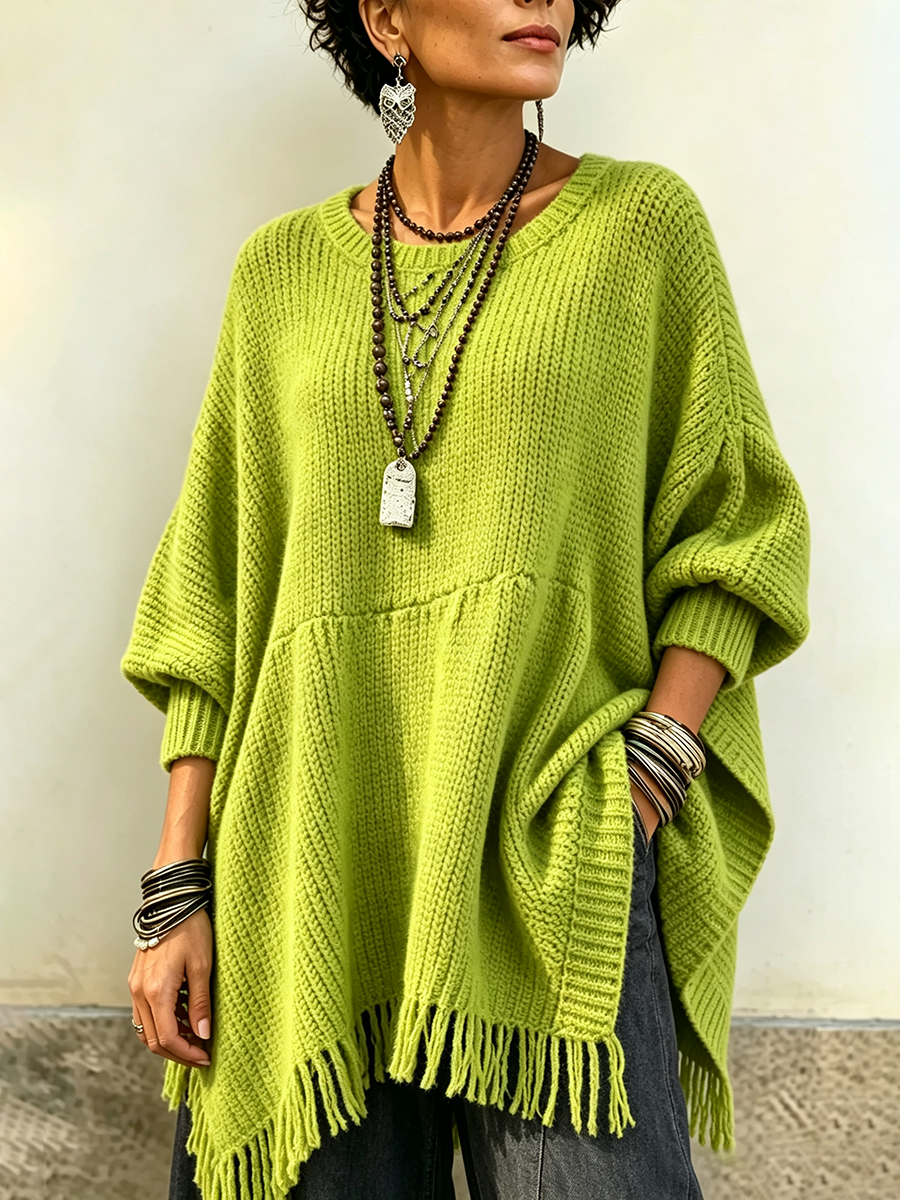 Cozy Lime Green Fringe Knit Oversized Long Sweater