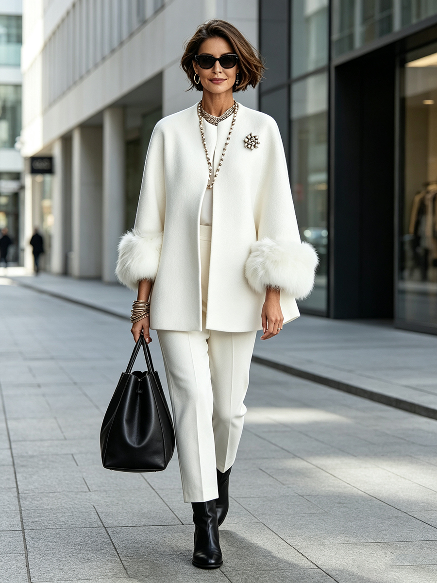 Elegant Cozy Faux Fur Cuffs Wool-blend Coat