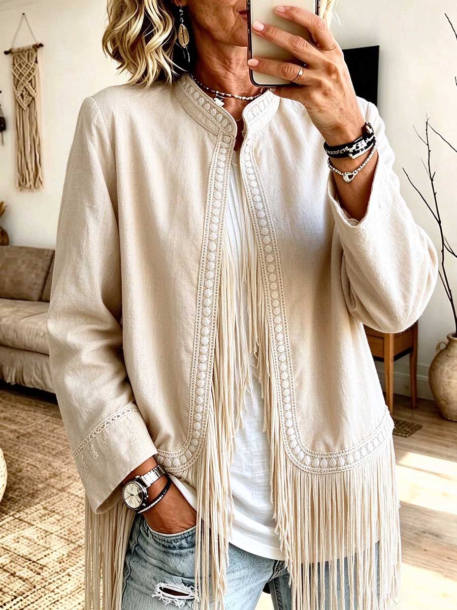 Bohemian Cream Embroidered Fringe Open Front Cardigan