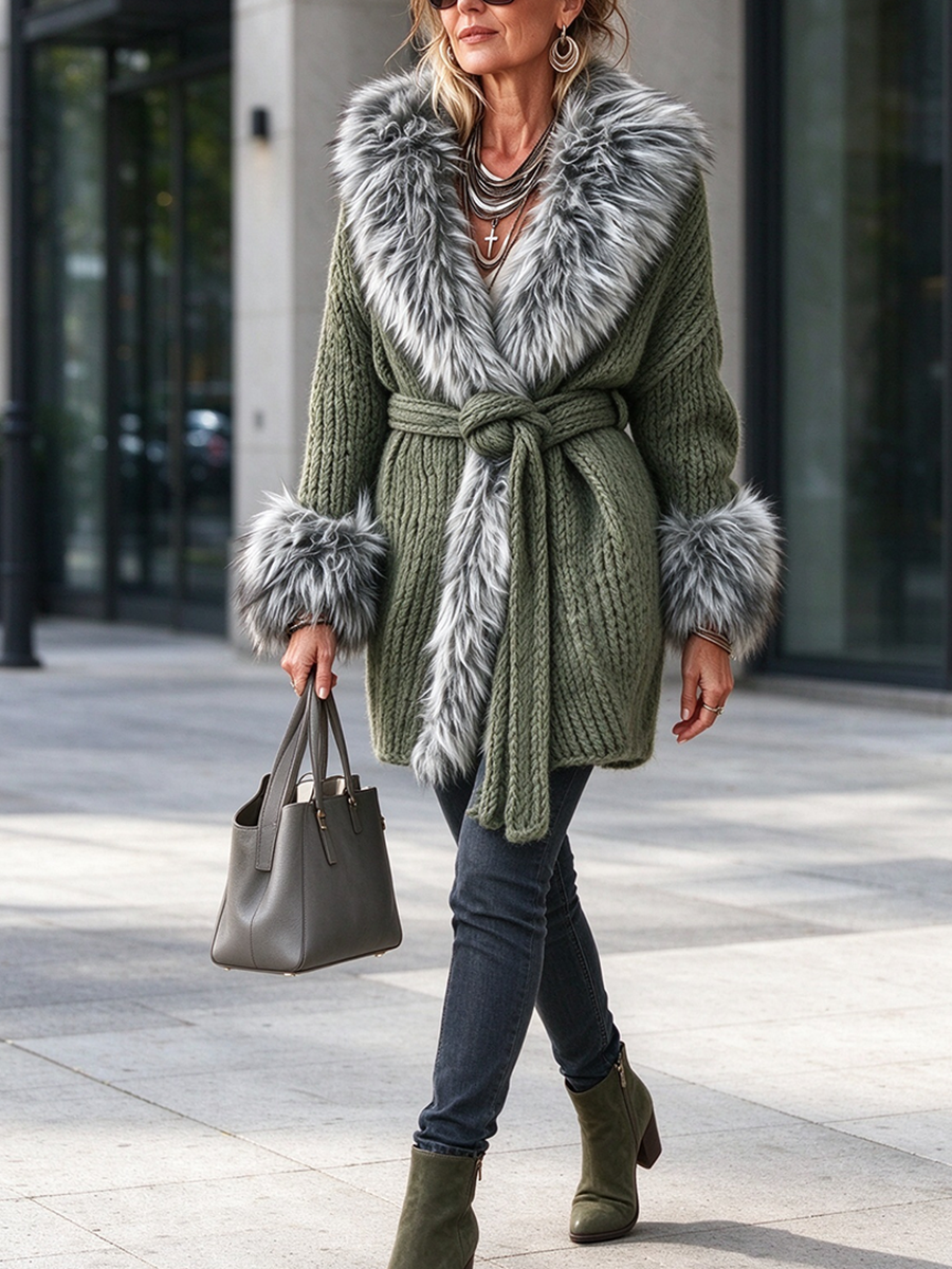 Chic Luxurious Faux Fur Trim Belted Cardigan Jacket