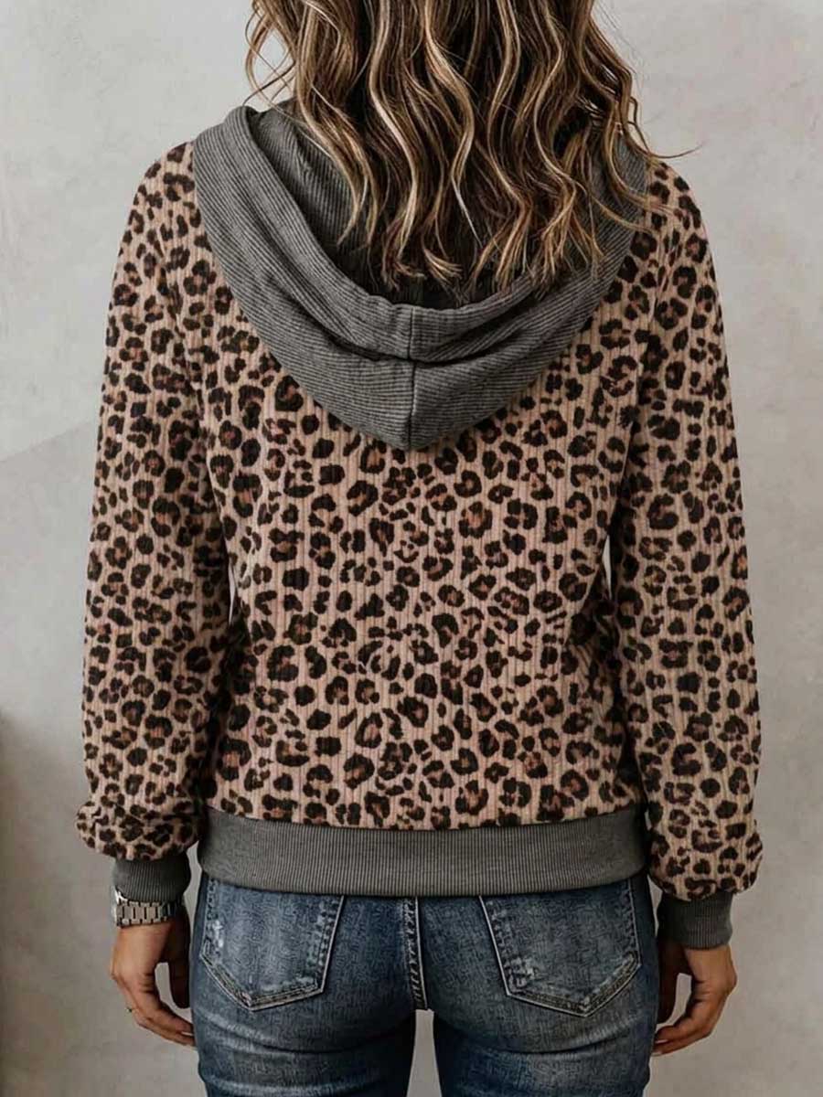 Women's Colorblock Leopard Print Half Zip Hoodie