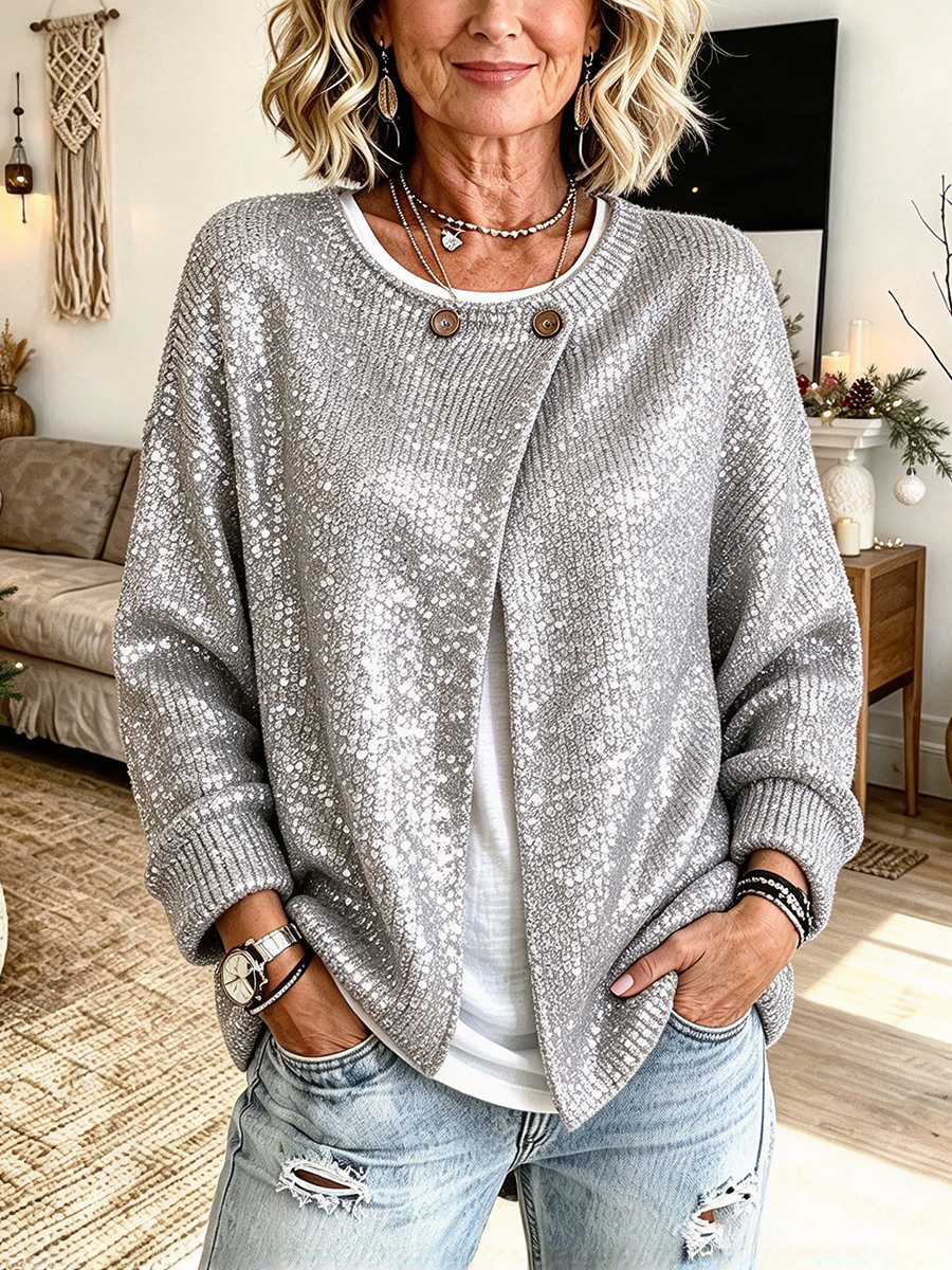 Stylish Sparkly Silver Sequin Knit Cardigan