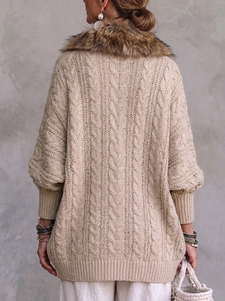 Loose-fit Knitted Batwing-sleeve Cardigan With A Fur Collar