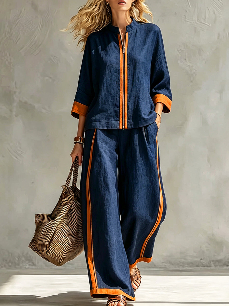 Chic Indigo Linen-Blend Contrast-Trim Tunic & Paneled Wide-Leg Pants