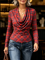 Elegant Cowl-neck Stretch Top With Classic Plaid Print