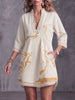 Women's Abstract Print V-neck 3/4 Sleeve Casual Loose Cotton Linen Dress