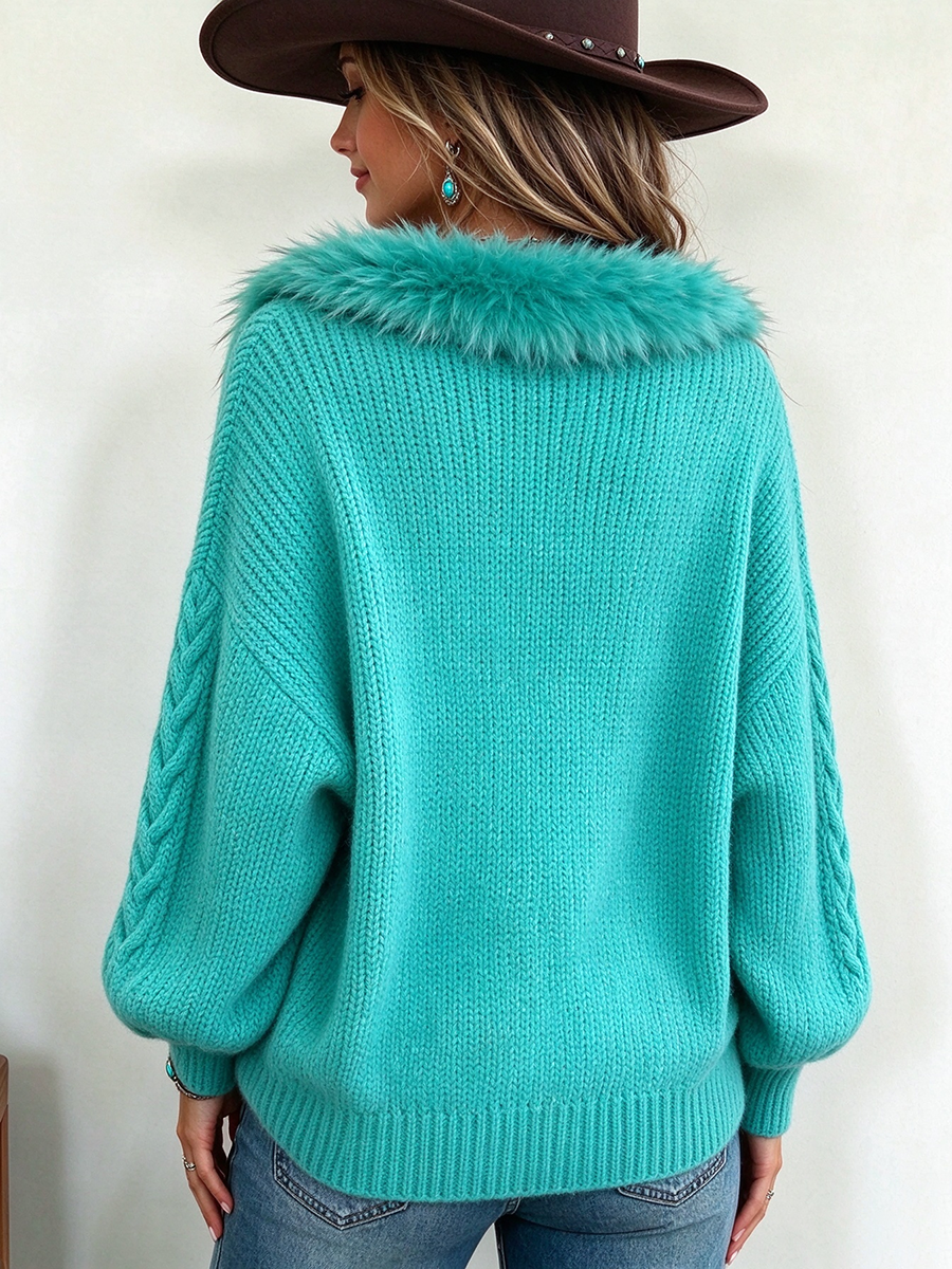 Boho Chic Oversized Faux Fur Trim Cable Knit Sweater