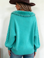 Boho Chic Oversized Faux Fur Trim Cable Knit Sweater