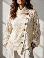 Women's Solid Color Mock Neck Long-sleeve Casual Loose Lace-embroidered Top
