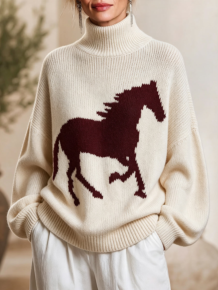Casual And Cozy Horse-patterned Turtleneck Knit Top