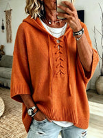 Women's Solid Color V-neck Long-sleeve Casual Loose Hooded Knit Pullover