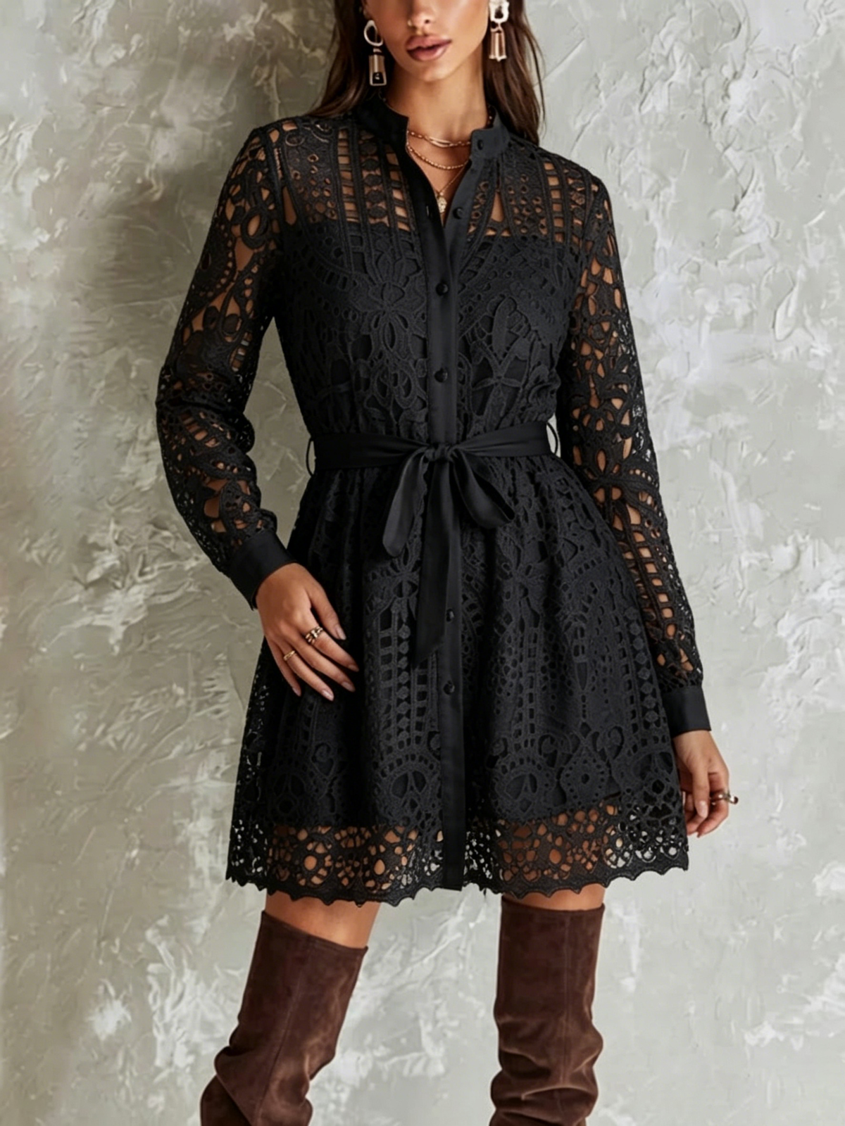 Stand Collar Full Button Hollow Water-soluble Lace Waist Tie Mini Shirt Dress