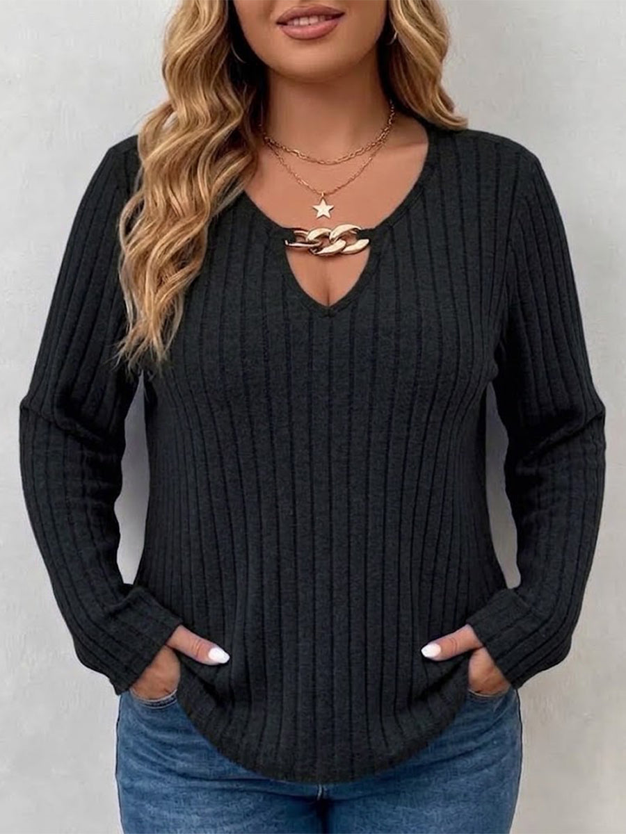 Long-sleeve V-neck Top With Vertical Ribbing And Metal Chain Detail