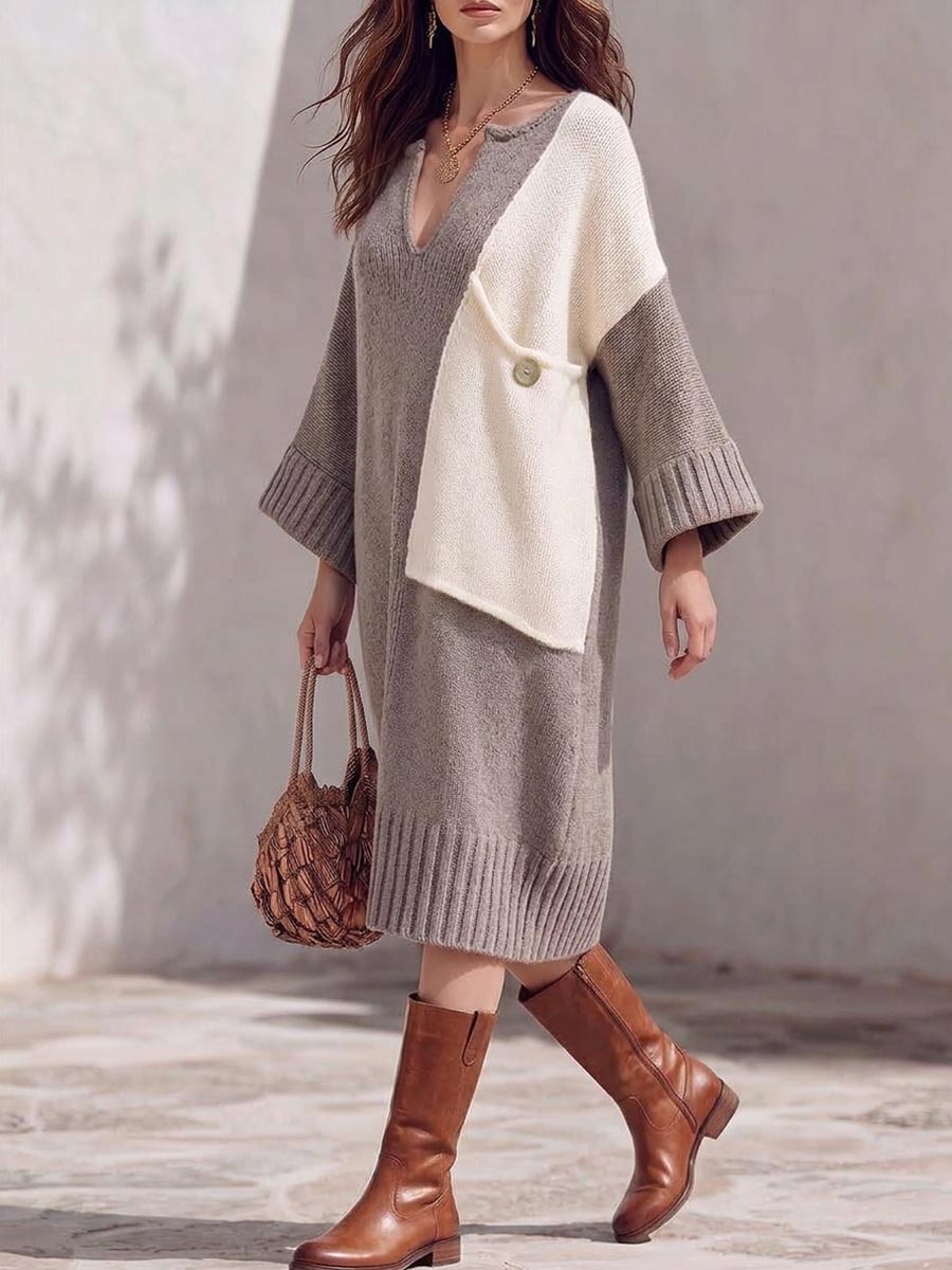 Women's V-neck Long-sleeve Casual Loose Color-block Knit Dress