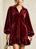 Velvet Loose-fit Mini Dress Featuring A Lapel Collar, Partial Button Placket, Lantern Sleeves, And A Ruffled Hem