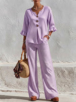 Two-piece Set Featuring A Plaid V-neck Top With Wooden Buttons And Ruffled Three-quarter Sleeves, Paired With Wide-leg Trousers