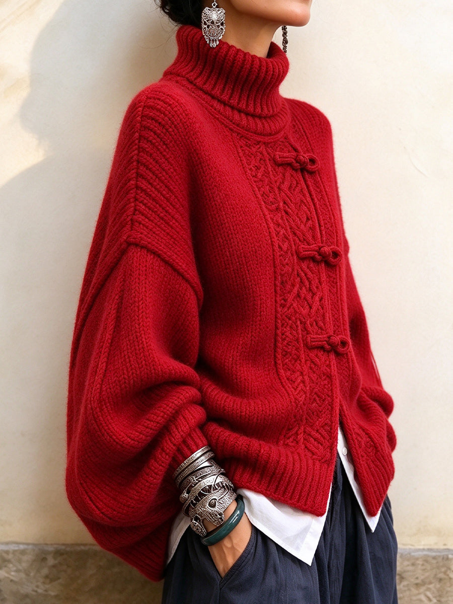 Cozy Red Turtleneck Cable-knit Sweater With Frog-button Closures