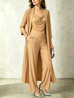 Chic Slate Blue Cowl-neck Top, Duster Cardigan & Flowing Wide-leg Pants