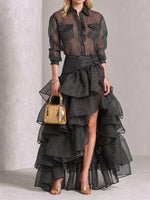 Free Shipping on 1 -Chic Striped Sheer Shirt & Ruffled High-Low Maxi Skirt Set