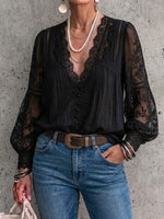 V-Neck Lace Panel Lantern Sleeve Chiffon Blouse