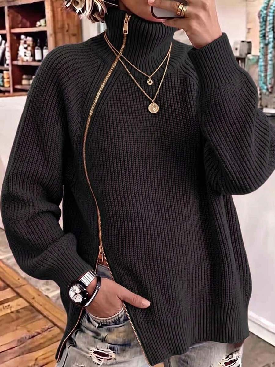 Women's Solid-Color High-Neck Long-Sleeve Loose-Fit Knit Top with Toggle Zipper