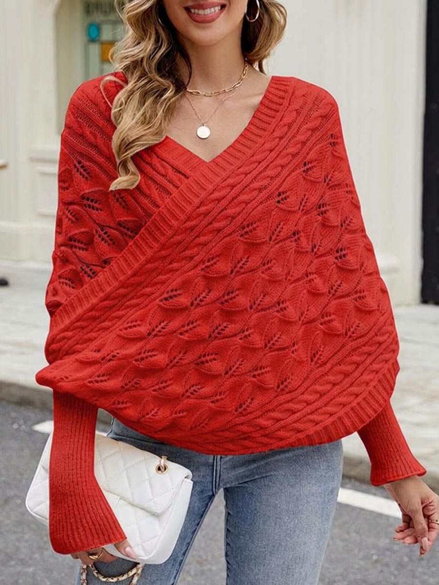 Women's Solid-color V-neck Long-sleeve Casual Loose Reversible Knit Top