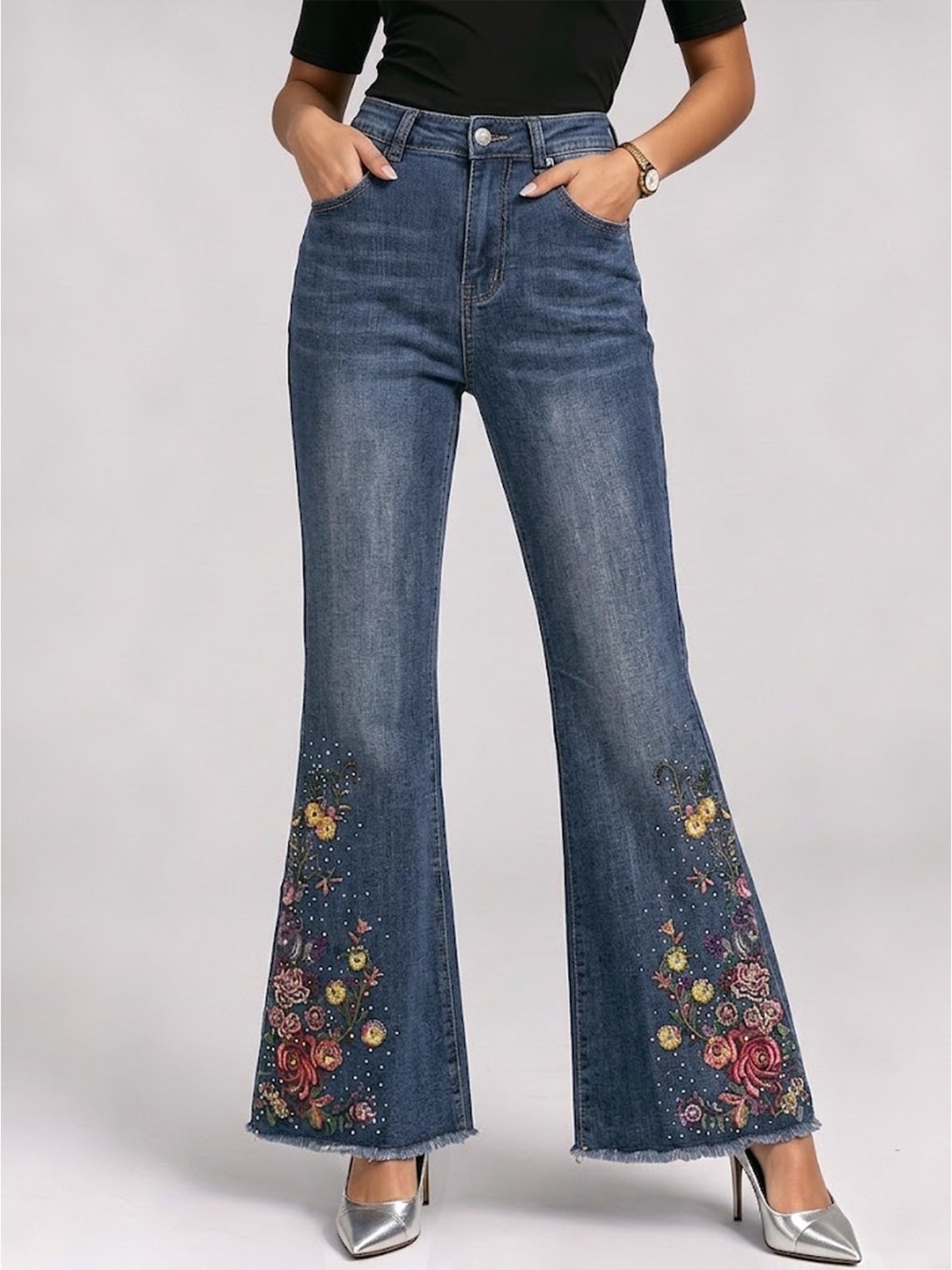 Casual Floral Embroidery Flared Jeans