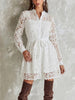 Stand Collar Full Button Hollow Water-soluble Lace Waist Tie Mini Shirt Dress