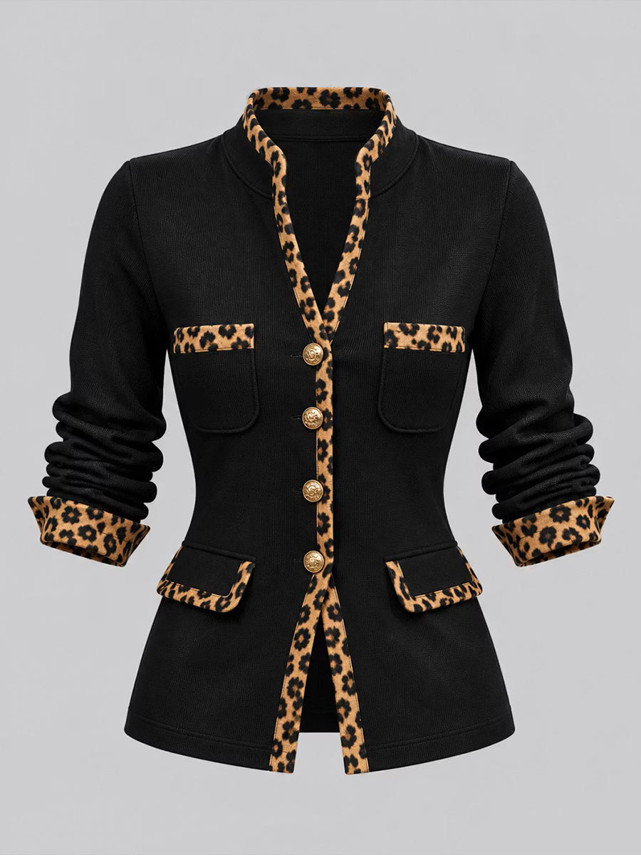 Chic Color-block Knit Cardigan With Leopard Print Panels