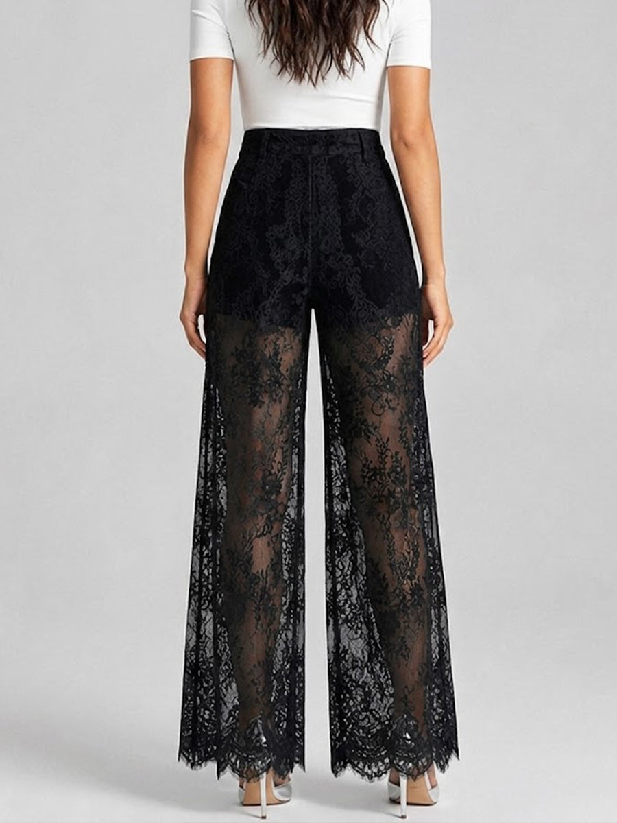 Elegant And Romantic Black Lace High-waisted Wide-leg Layered Trousers