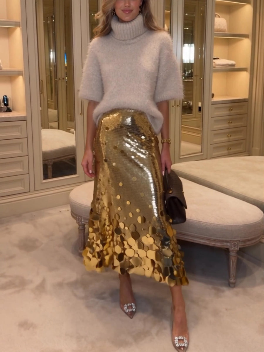 Chic Gold Sequin Midi Skirt