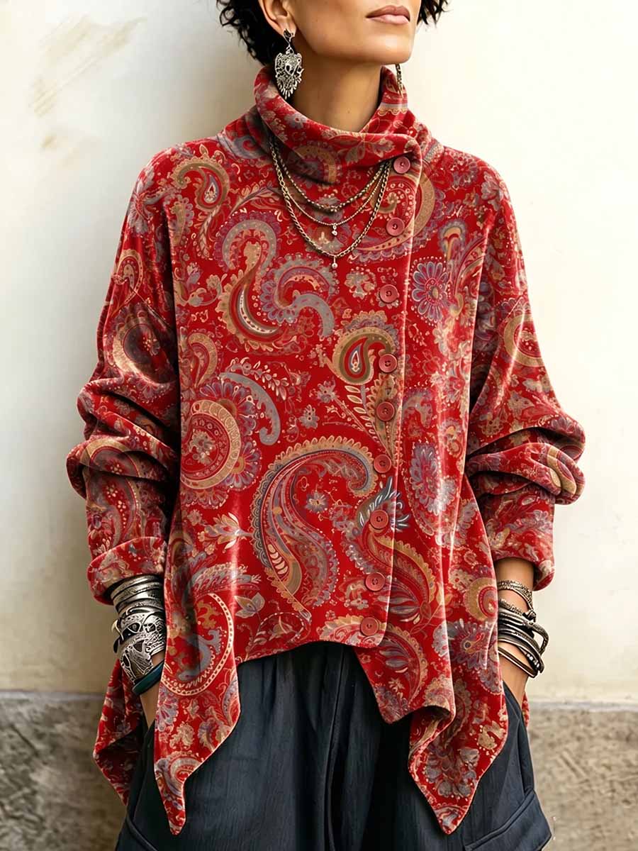 Women's Vintage Paisley Print High-neck Long-sleeve Loose-fit Velvet Top