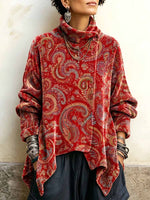 Women's Vintage Paisley Print High-neck Long-sleeve Loose-fit Velvet Top