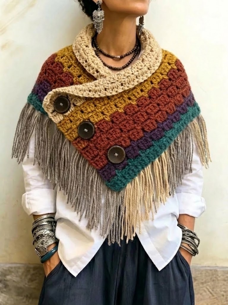 Retro Color-block Crochet Triangle Shawl With Tassels