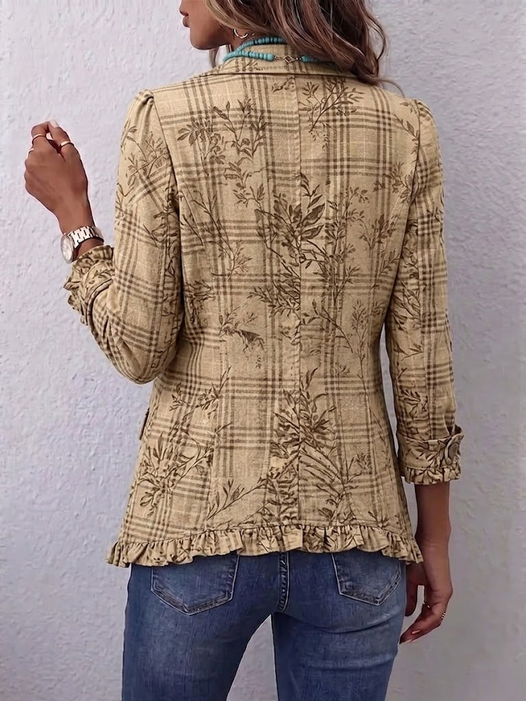 Boho-style Vintage Plaid And Foliage-print Ruffled Jacket