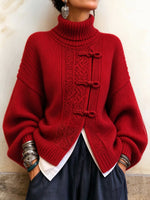 Cozy Red Turtleneck Cable-knit Sweater With Frog-button Closures