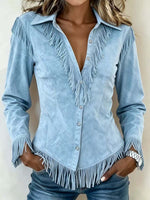 Women's Solid Color Collared Long-sleeved Casual Loose Faux Suede Tassel Shirt